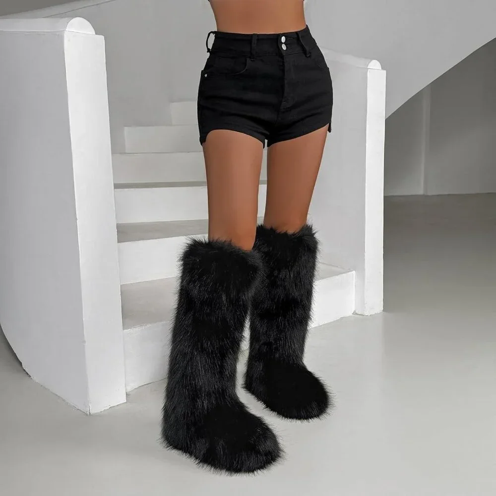 ⚡Women Black Faux Fur Fluffy Cosy Round Toe Knee High Warm Outdoor Fur Boot